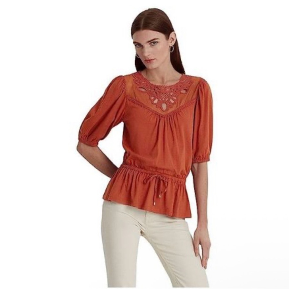 Lauren Ralph Lauren Women’s Terracotta Embroidered Lace Trim Peplum Top Small
